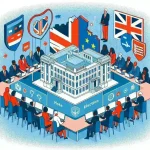 "Imagem de reunião da força-tarefa do governo britânico discutindo estratégias para proteger as eleições contra ataques digitais, destacando laptops e documentos sobre segurança cibernética."