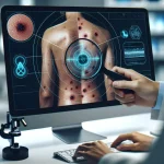"An AI model analyzing skin images for melanoma risk assessment in a dermatology setting, showcasing advanced technology and medical research."