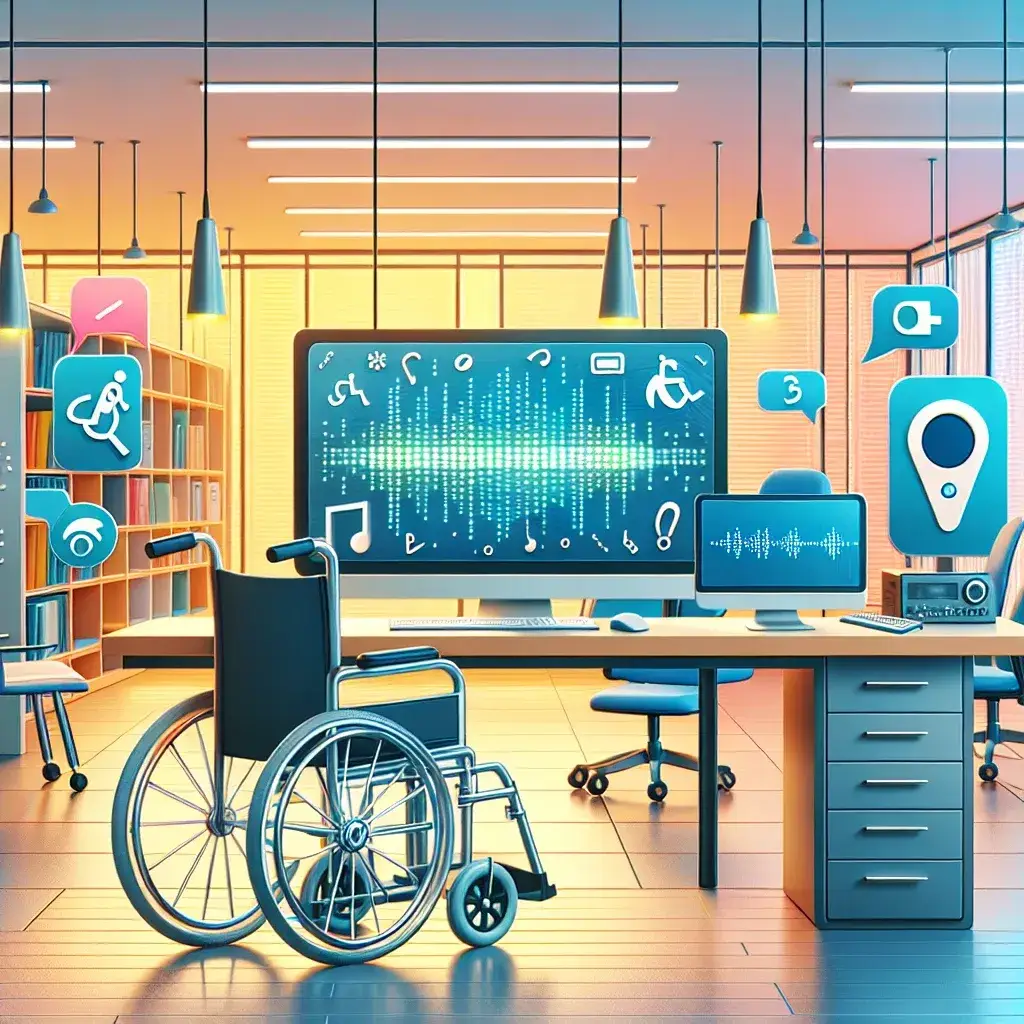 "Imagem ilustrativa destacando diferentes recursos de acessibilidade na tecnologia, incluindo software de leitura de tela, dispositivos de entrada adaptados e interfaces inclusivas, enfatizando a importância da acessibilidade digital."