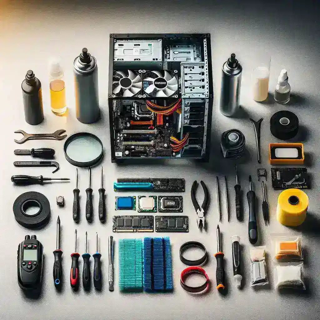 "Imagem ilustrativa demonstrando as melhores práticas de manutenção de PCs, incluindo a limpeza interna do computador e a verificação de componentes como memória e disco rígido."