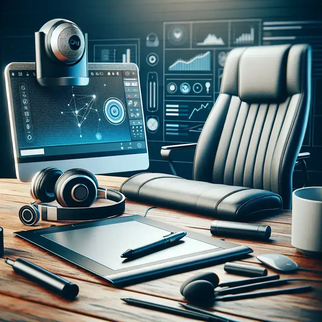 "Imagem de um conjunto de gadgets para reuniões online, incluindo um microfone de alta qualidade, uma câmera HD, e fones de ouvido com cancelamento de ruído, destacados em um ambiente de escritório moderno."